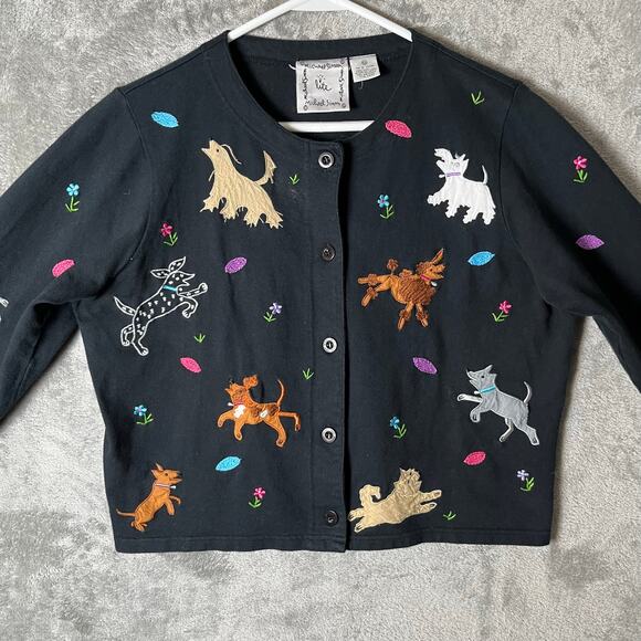 Vintage Whimsical Puppy Embroidered Cardigan Black Button Up Dog Lover Medium - Picture 2 of 7